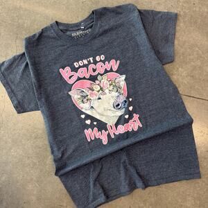 Vintage Y2K Don't Go Bacon Pig Farmer My Heart Grey Sparkle Pink Graphic Tee L